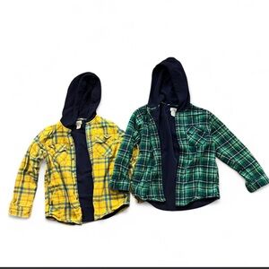 L.L. Bean Kids Button-Down Hooded Plaid Shirt - Yellow & Green